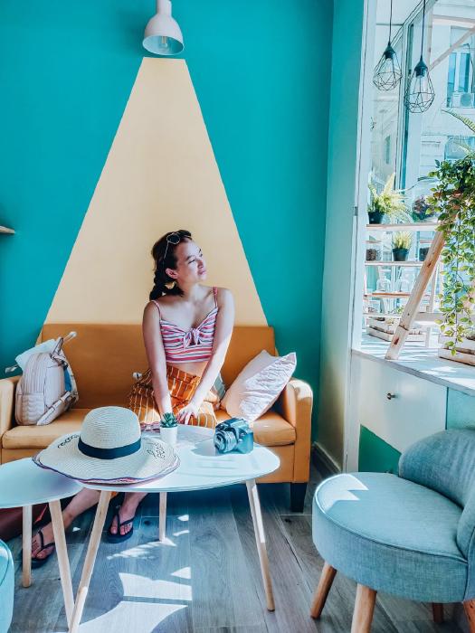Inside a turquoise cafe