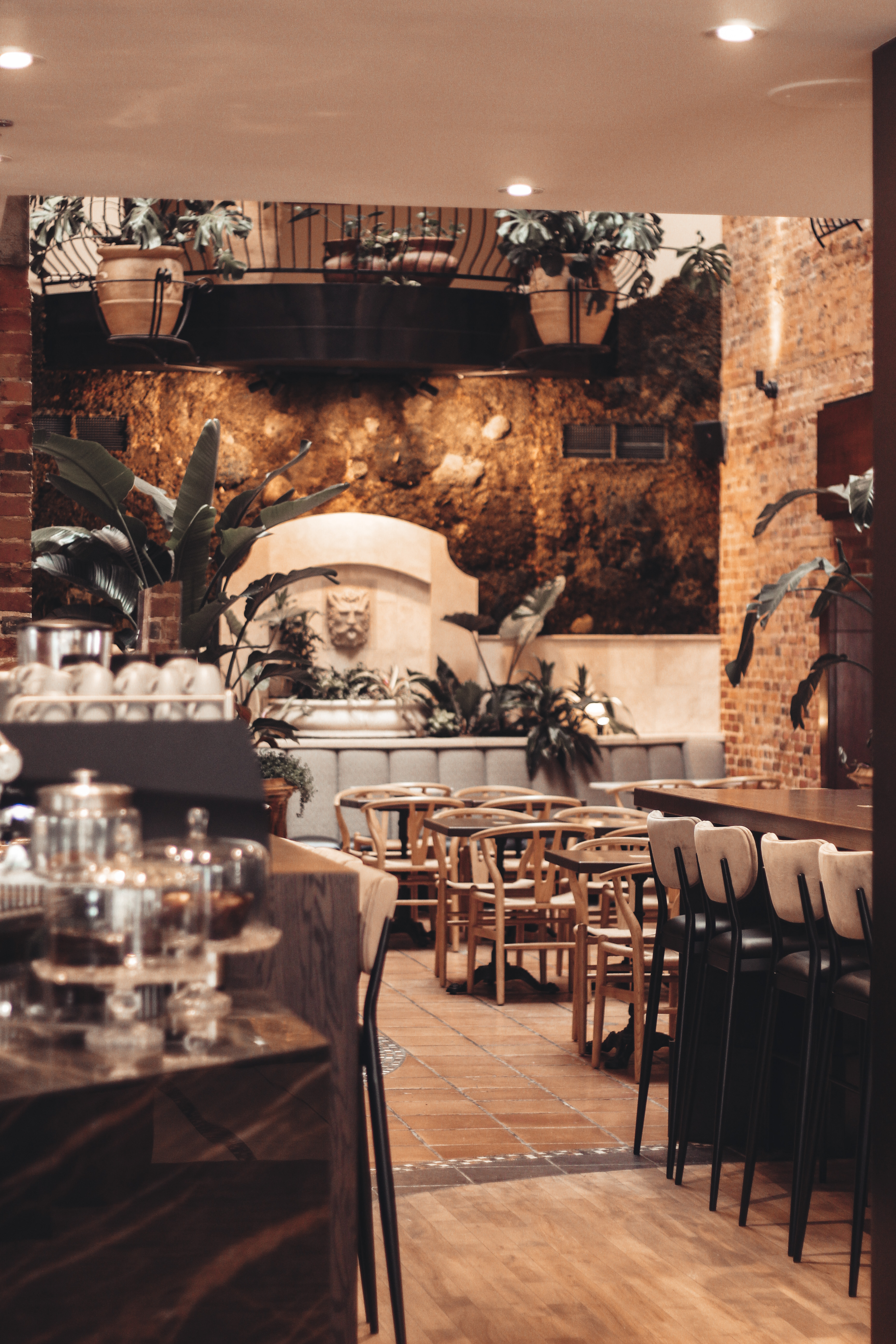 Interior decor with plants and bas-relief